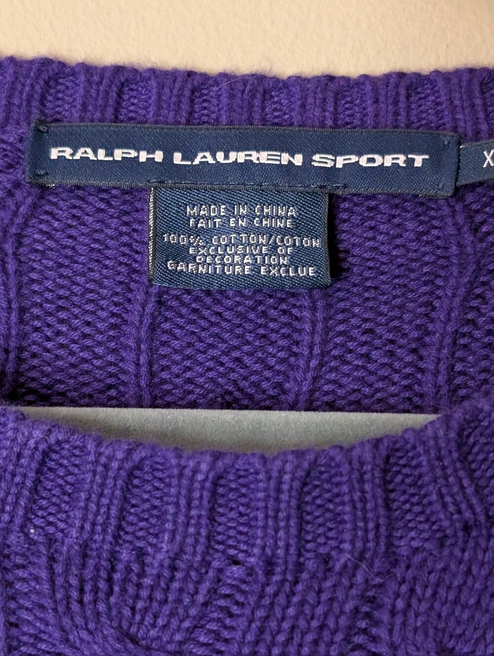 Vintage Ralph Lauren Sport Purple Cable Knit Cotton Sweater Pink Pony jumper XL - Picture 3 of 7